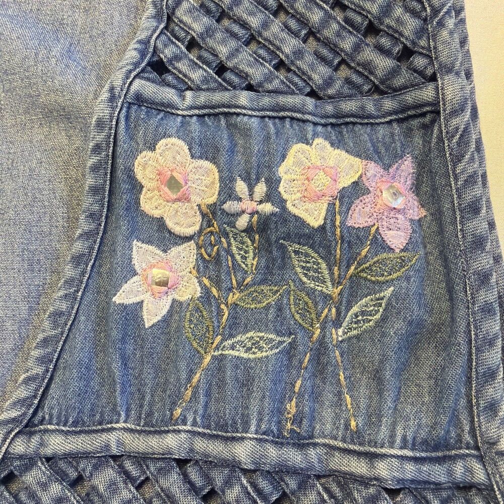 Vtg Tantrum Blues Floral Jean Vest LP Cottagecore Coastal Grandma Boho Lattice - Picture 8 of 11
